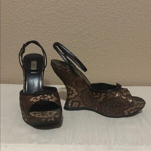 PRADA Vernice platform open toe embroidered tapestry wedges